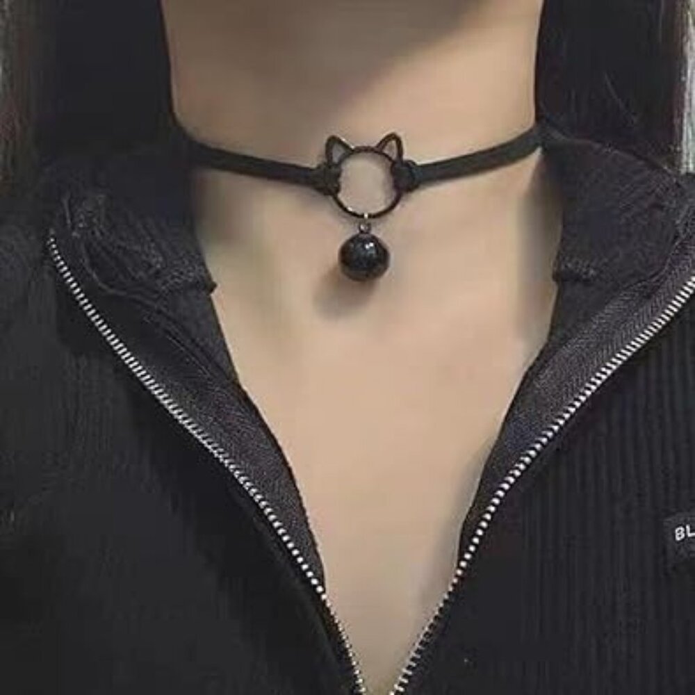 Black Cat Choker Necklace with Bell‎ Goth Punk Look